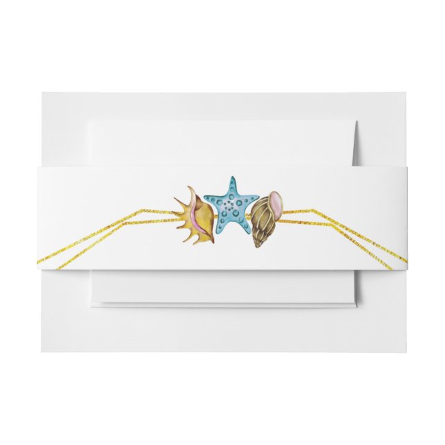 Gold foil lines and seashells beach wedding invitation belly band (Front Example)