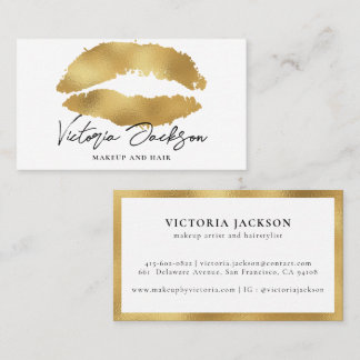 Gold Foil Lips Modern Makeup Artist White Elegant Business Card