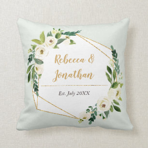 Gold Foil Look Geometric Frame Floral Throw Pillow