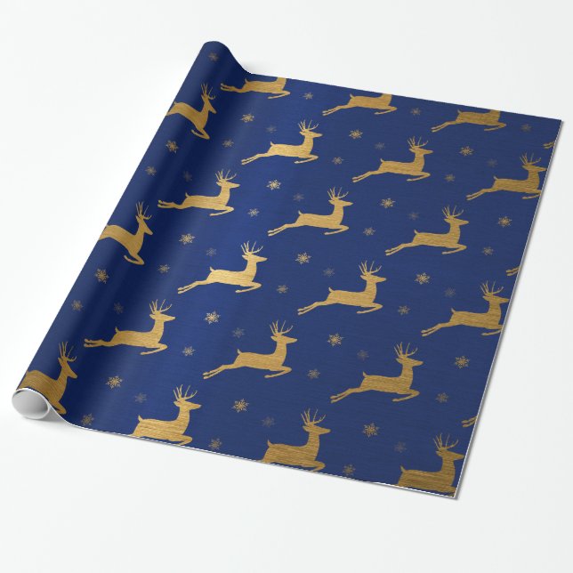 Gold Foil Look Reindeer Leaping Wrapping Paper (Unrolled)