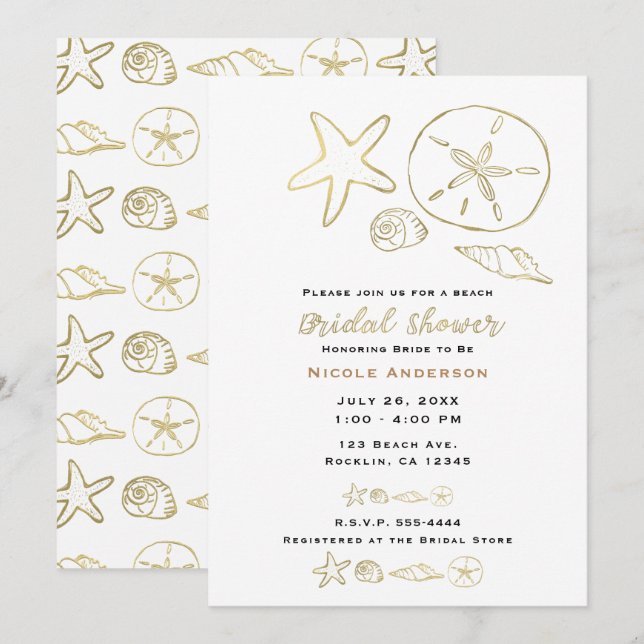 Gold Foil Look Sea Shells Chic Beach Bridal Shower Invitation (Front/Back)