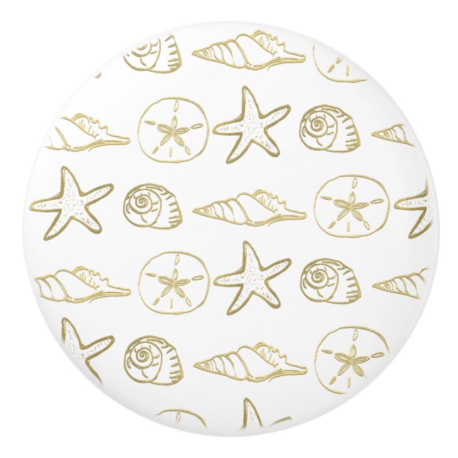 Gold Foil Look Sea Shells Chic Beach Elegant White Ceramic Knob (Front)