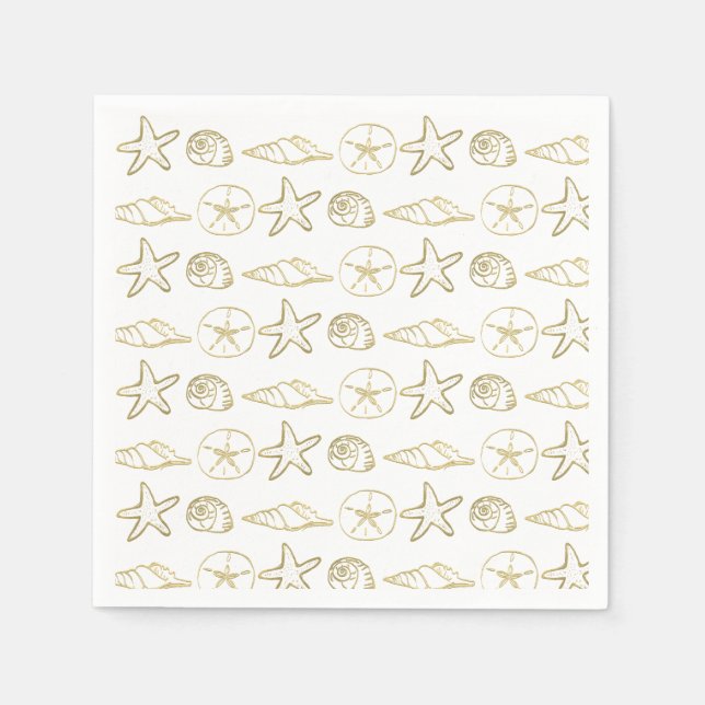 Gold Foil Look Sea Shells Chic Beach Elegant White Napkin (Front)
