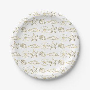 Gold Foil Look Sea Shells Chic Beach Elegant White Paper Plate