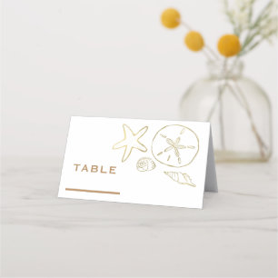 Gold Foil Look Sea Shells Chic Beach Elegant White Place Card