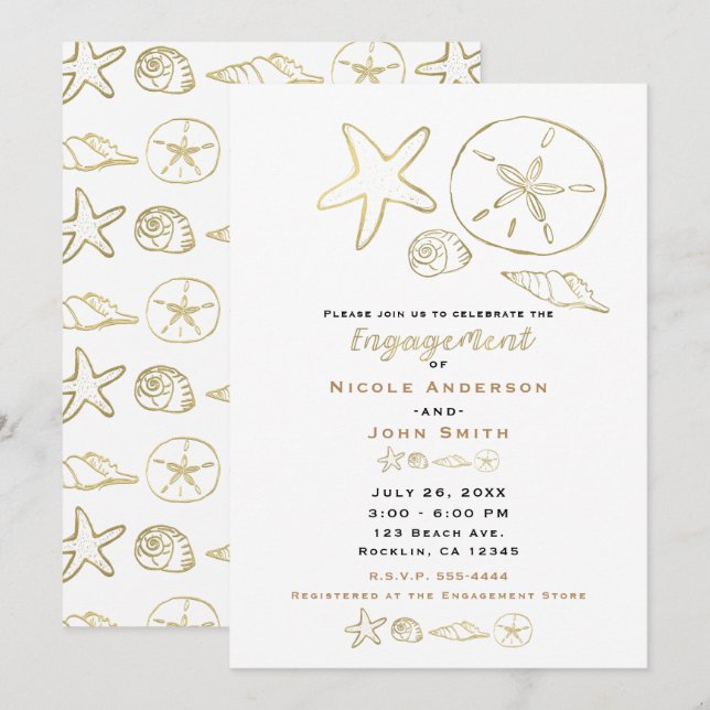 Gold Foil Look Sea Shells Chic Beach Engagement Invitation (Front/Back)