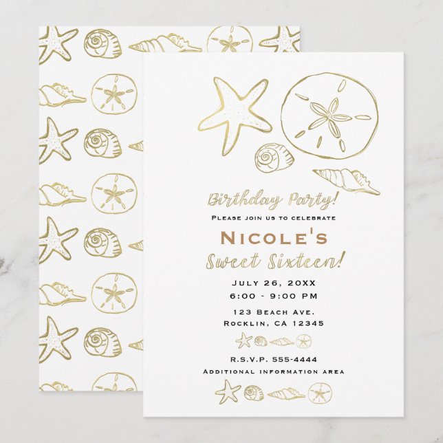 Gold Foil Look Sea Shells Chic Beach Sweet 16 Invitation (Front/Back)