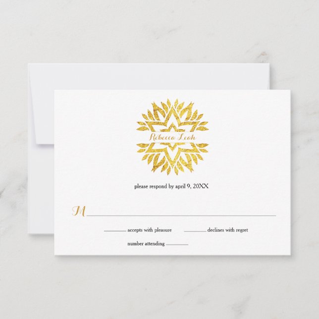 Gold Foil Look Star Mandala Bat Mitzvah Reply RSVP Card (Front)