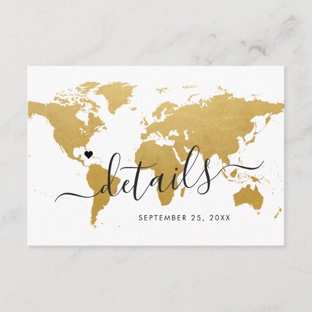 Gold Foil Look World Map Hotel Travel Information Enclosure Card (Front)