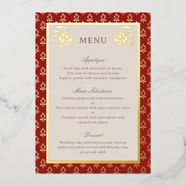 Gold Foil Marigold Flower Wedding Menu Card (Front)