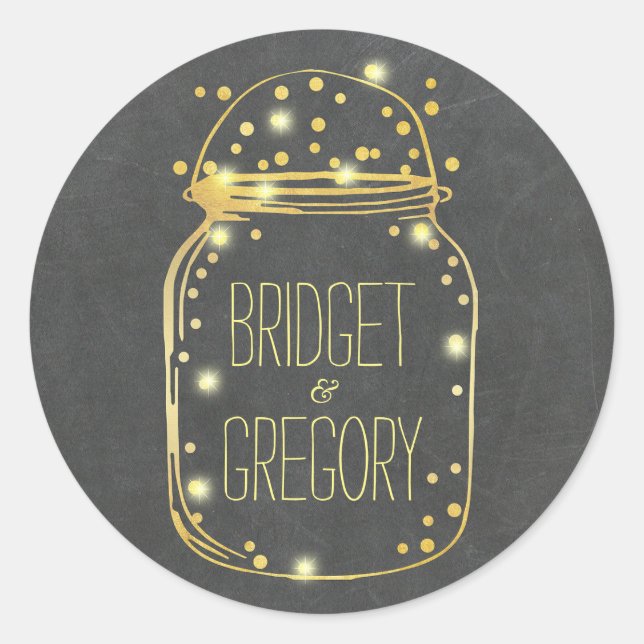 Gold Foil Mason Jar Confetti Fireflies Wedding Classic Round Sticker (Front)