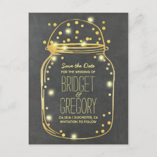 Gold Foil Mason Jar - Confetti Save the Date Announcement Postcard