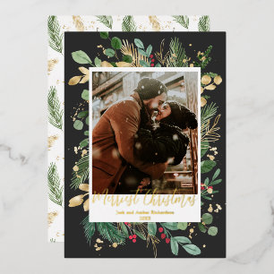 Gold foil Merriest Christmas black gold red holly Foil Holiday Card