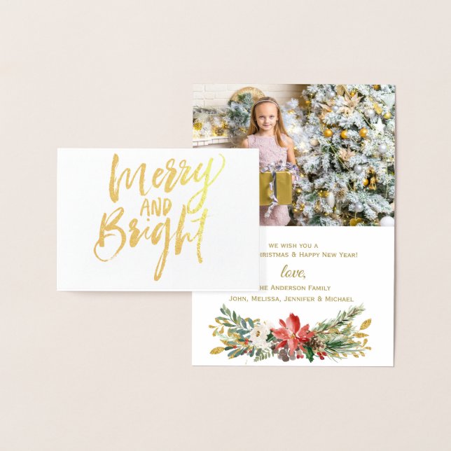 Gold Foil Merry & Bright Holiday Christmas Photo Foil Card (Display)