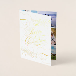 Gold Foil Merry Christmas Calligraphy Doves Photo Card