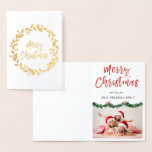 Gold Foil Merry Christmas Garland Photo Card<br><div class="desc">Gold Foil Christmas Wreath Hand Lettered Script Garland Photo Card. The photo and text of this Christmas Card can be updated and customized with your photo and name. This card displays your name on the inside of the Gold Foil Christmas Card.</div>