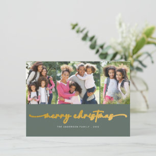 Gold Foil Merry Christmas   Modern Three Photo Holiday Card