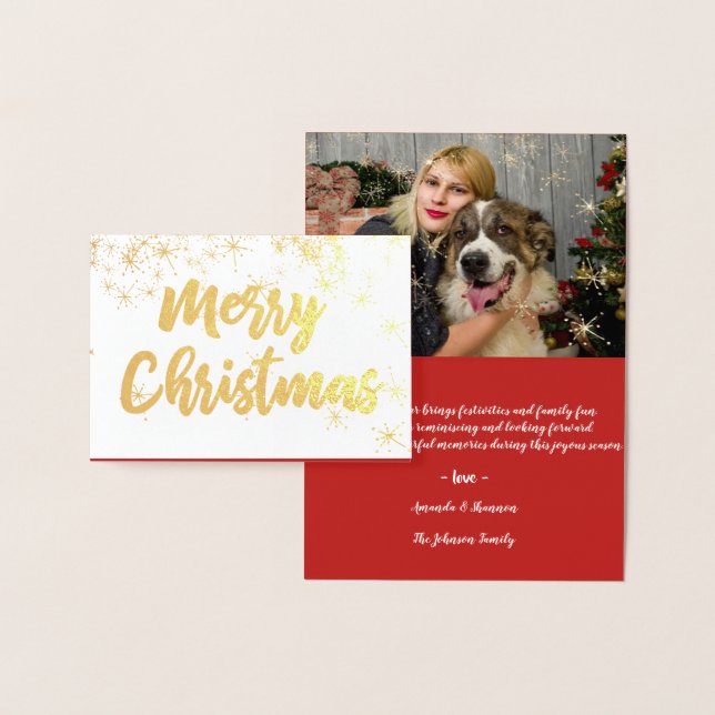 Gold Foil Merry Christmas Script Foto Hearts Snow Card (Display)