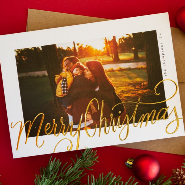 Gold Foil Merry Christmas Script Lettering Photo Holiday Card (Creator Uploaded)