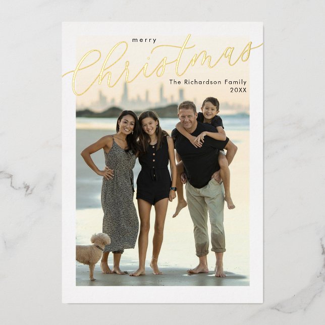 Gold foil Merry Christmas simple script modern  Holiday Card (Front)
