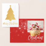 Gold Foil Merry Christmas Tree Photo Card<br><div class="desc">Gold Foil Christmas Tree Red  Hand Lettered Script Snowflake Photo Card. The photo and text of this Christmas Card can be updated and customized with your photo and name. This card displays your name on the inside of the Gold Foil Christmas Card.</div>