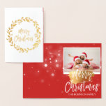 Gold Foil Merry Christmas Wreath Photo Card<br><div class="desc">Gold Foil Christmas Wreath Hand Lettered Script Snowflake Photo Card. The photo and text of this Christmas Card can be updated and customized with your photo and name. This card displays your name on the inside of the Gold Foil Christmas Card.</div>