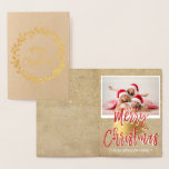 Gold Foil Merry Christmas Wreath Photo Card<br><div class="desc">Gold Foil Christmas Wreath Hand Lettered Script Craft Paper Photo Card. The photo and text of this Christmas Card can be updated and customized with your photo and name. This card displays your name on the inside of the Gold Foil Christmas Card.</div>