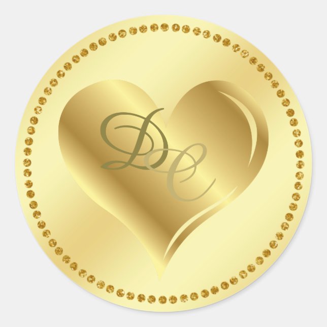 Gold Foil Metallic Heart Monogram Wedding Sticke Classic Round Sticker (Front)