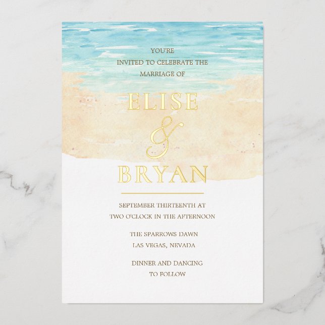 Gold Foil Modern Watercolor Beach Wedding (Front)