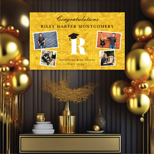 Gold Foil Monogram 4 Photo Modern Graduation Party Banner