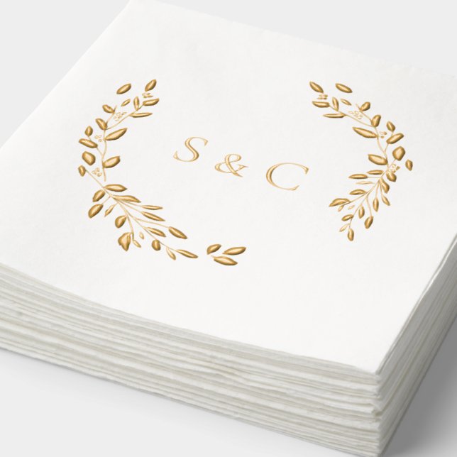 Gold Foil Monogram Wreath Elegant Wedding Foil Napkins (Detail)