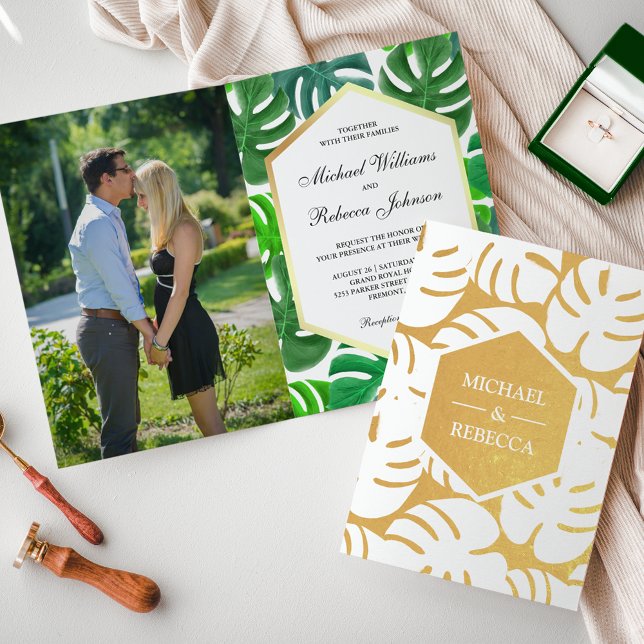 Gold Foil Monstera Tropical Wedding Invitation (Creator Uploaded)