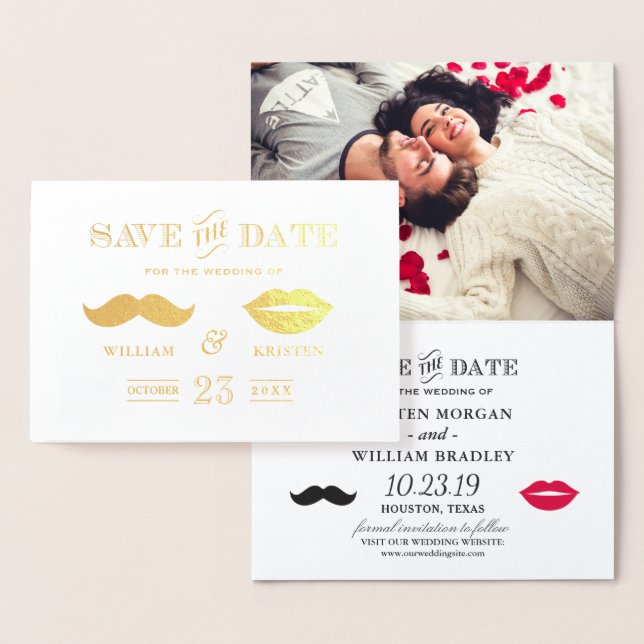 Gold Foil Moustache Lips Wedding Save the Date Card (Display)