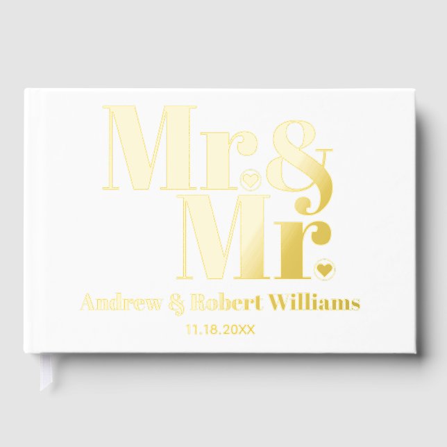 Gold foil Mr. and Mr. typography white gay wedding Guest Book (Front)