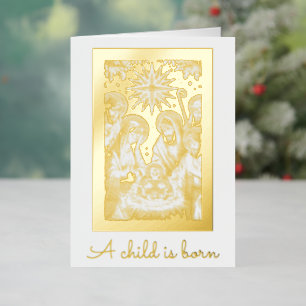 Gold Foil Nativity Personalize Signature Christmas Holiday Card