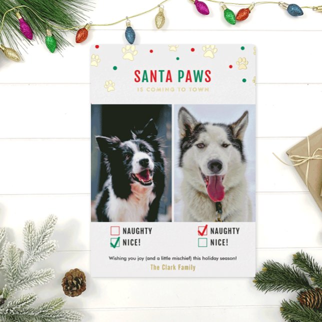 Gold Foil Naughty ou Nice Carte photo à deux chien (Créateur téléchargé)