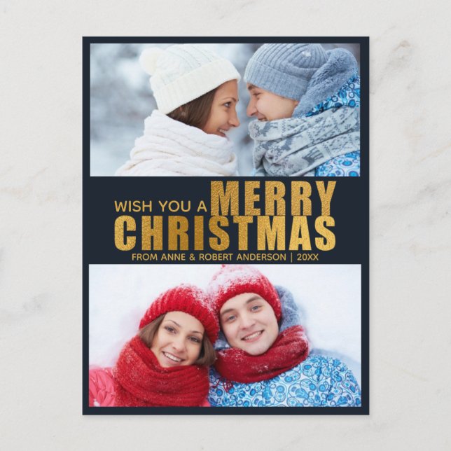 Gold Foil & Navy Blue Bold Merry Christmas 2 Photo Holiday Postcard (Front)