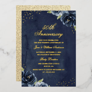 GOLD FOIL Navy Gold  Floral Anniversary Invitation