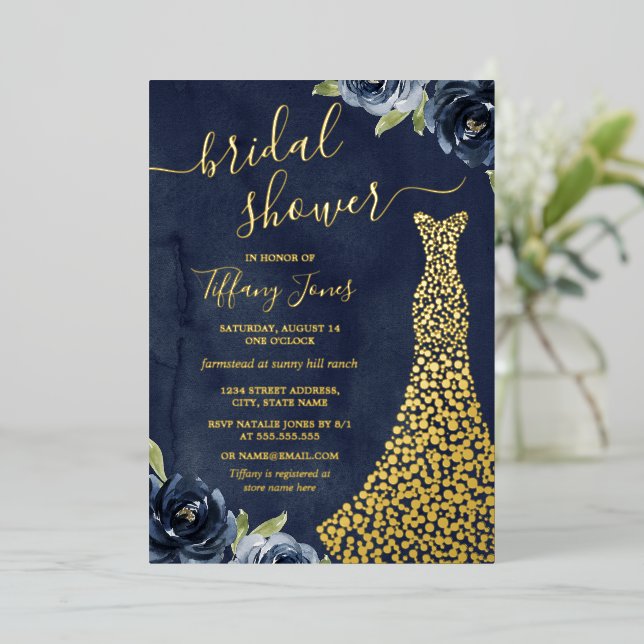 GOLD FOIL Navy Gold Floral Dress Bridal Shower  (Standing Front)