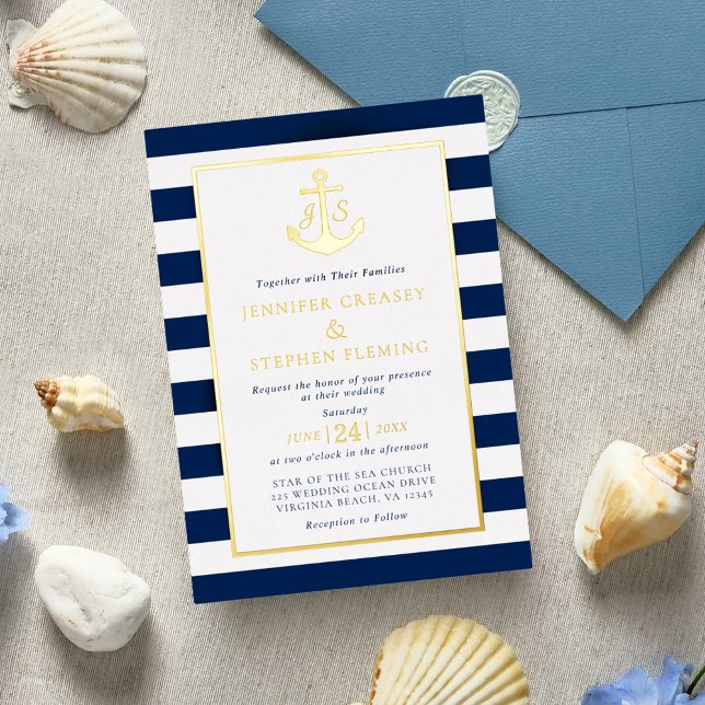 Gold Foil Navy Nautical Stripes Anchor Wedding (Creator Uploaded)
