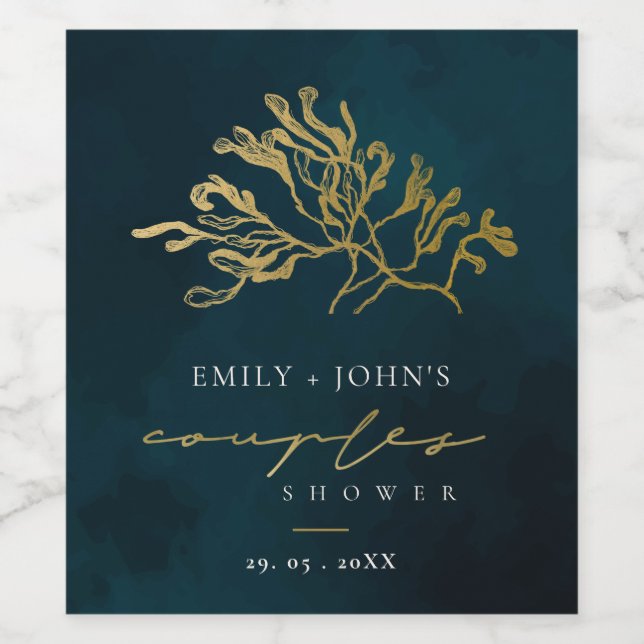GOLD FOIL NAVY UNDERWATER SEAWEED COUPLES SHOWER WINE LABEL (Single Label)