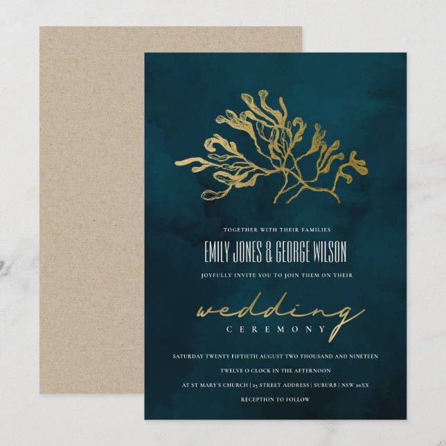 GOLD FOIL NAVY UNDERWATER SEAWEED WEDDING INVITE (Front/Back)