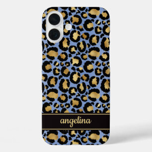Gold Foil On Blue Leopard Print Monogrammed iPhone 16 Plus Case