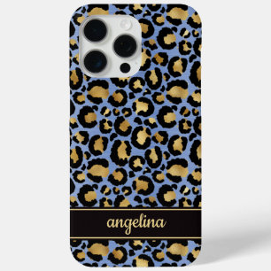 Gold Foil On Blue Leopard Print Monogrammed iPhone 15 Pro Max Case