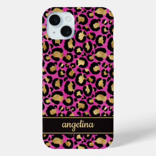 Gold Foil On Hot Pink Leopard Print Monogrammed iPhone 15 Mini Case