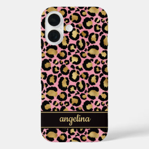 Gold Foil On Pink Leopard Print Monogrammed iPhone 16 Case
