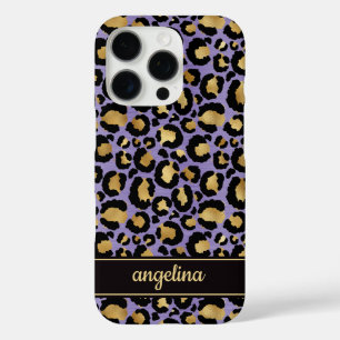 Gold Foil On Purple Leopard Print Monogrammed iPhone 16 Pro Case