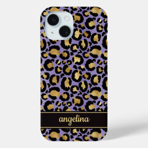 Gold Foil On Purple Leopard Print Monogrammed iPhone 15 Case