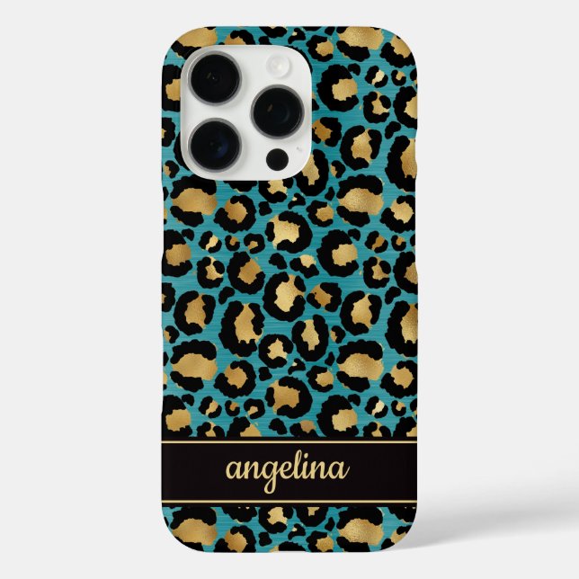 Gold Foil On Teal Leopard Print Monogrammed Case-Mate iPhone Case (Back)