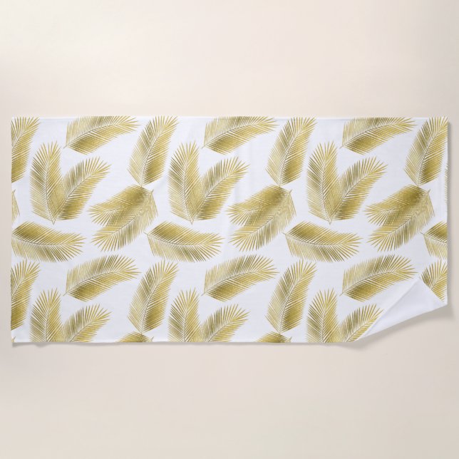 Gold Foil Palm Leaves Pattern Beach Towel (Front)